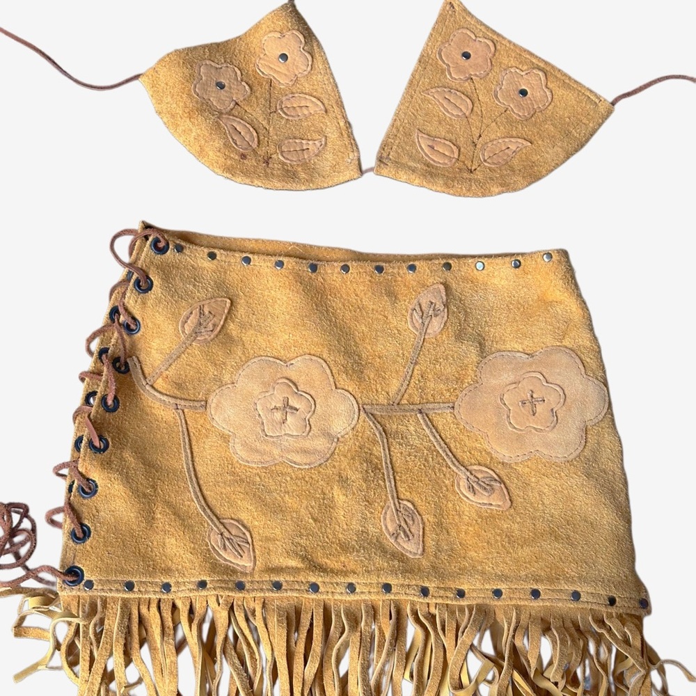 Floral Embroidered Tan genuine leather Skirt Set